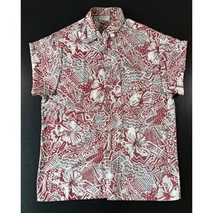 Sostanza Mens Abstract Geometric Floral Print Button Down Shirt Red Grey Medium
